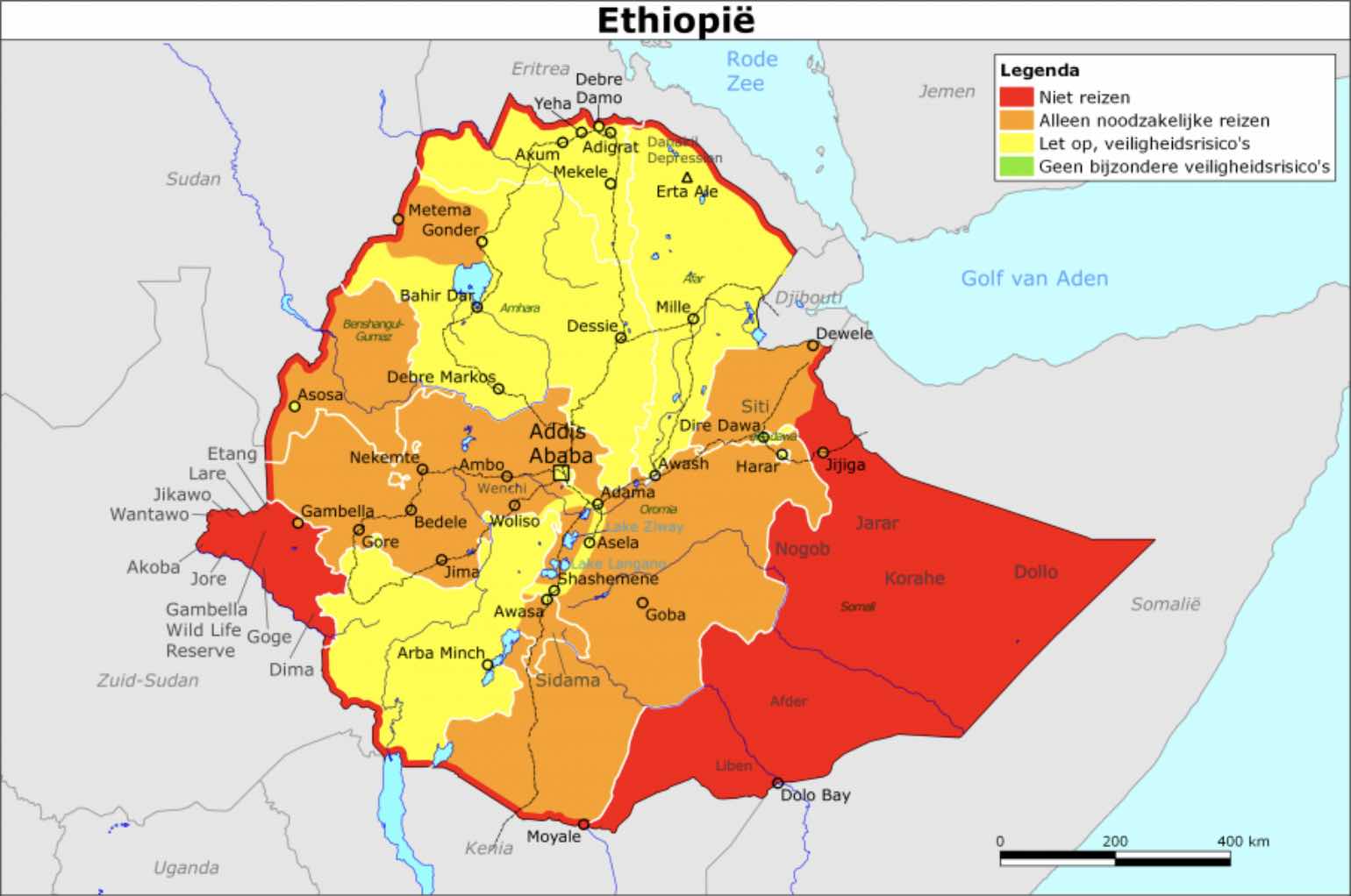 Kaart van het actuele reisadvies voor Ethiopië 